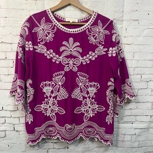 Solitaire Butterfly Embroidered 3/4 Sleeve Tunic Art To Wear Blouse Small Boho